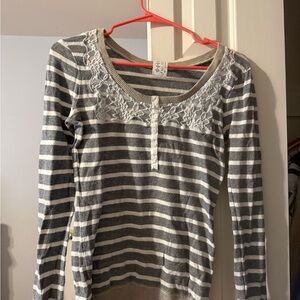 Free People Gray and White Striped Lace Long Sleeve Top
